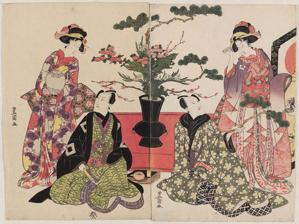 Utagawa Toyokuni I, Actors and Women with New Year Flower Arrangement: Bando Mitsugorō III (R) and Ichikawa Danjūrō VII (L)