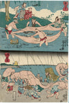 Utagawa Kuniyoshi, Tanuki Fishing in the River (Tanuki no kawagari) (T) and Tanuki in a Shower (Tanuki no yūdachi) (B), from an untitled series of Tanuki (Raccoon-dogs)