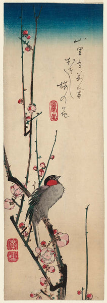 Utagawa Hiroshige I, Red-cheeked Bird and Red Plum Blossoms