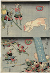 Tsukioka Yoshitoshi, Cat with Head in Bag (above); Cats Attacking Mice (below); from the series The War of Cats and Mice (Neko nezumi kassen)