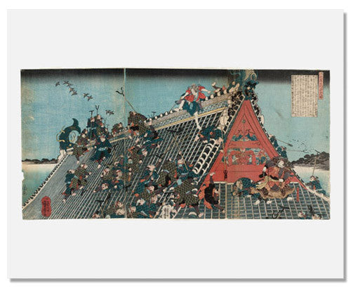 MFA Prints archival replica print of Utagawa Kuniyoshi, The Fight on the Roof of the Horyukaku from the Museum of Fine Arts, Boston collection.