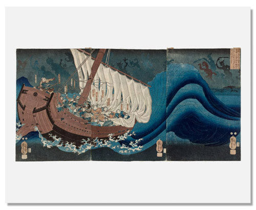 MFA Prints archival replica print of Utagawa Kuniyoshi, The Ghosts of the Taira Attack Yoshitsune in Daimotsu Bay from the Museum of Fine Arts, Boston collection.
