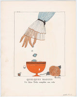 Charles Martin, "Quelques Bagues - un bijou Técla complète une robe," advertisement from Gazette du Bon Ton, Volume 1, No. 2, p. IV