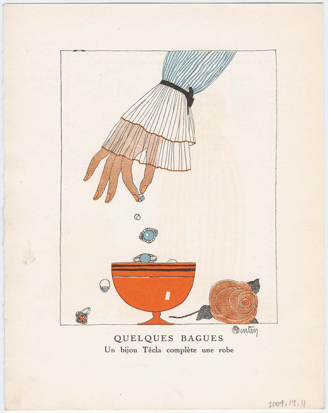 Charles Martin, "Quelques Bagues - un bijou Técla complète une robe," advertisement from Gazette du Bon Ton, Volume 1, No. 2, p. IV