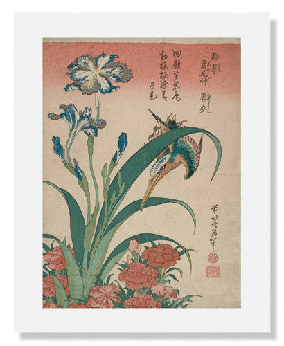 MFA Prints archival replica print of Katsushika Hokusai, Kingfisher with Iris and Wild Pinks from the Museum of Fine Arts, Boston collection.