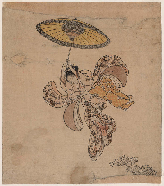 Suzuki Harunobu, Young Woman Jumping from the Kiyomizu Temple Balcony with an Umbrella as a Parachute