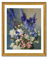 MFA Prints archival replica print of Laura Coombs Hills, Larkspur, Peonies, and Canterbury Bells from the Museum of Fine Arts, Boston collection.