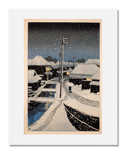 MFA Prints archival replica print of Kawase Hasui, Evening Snow at Terashima Village (Yuki ni kure no Terashima mura), from the series Twelve Scenes of Tokyo (Tōkyō jūnidai) from the Museum of Fine Arts, Boston collection.