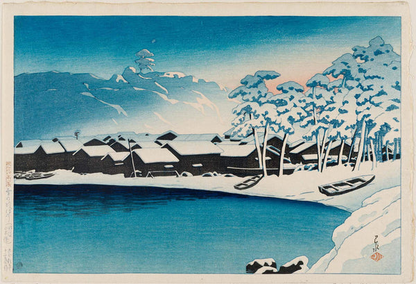 Kawase Hasui, Dawn Snow at the Port of Ogi on Sado Island (Yuki no akebono [Sado Ogi minato]), from the series Souvenirs of Travel II (Tabi miyage dai nishū)
