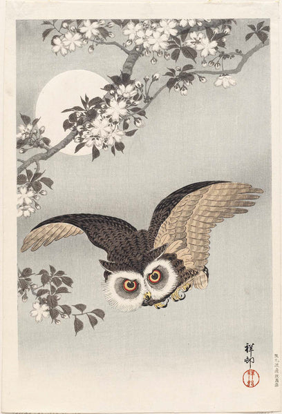 Ohara Koson, Scops Owl, Cherry Blossoms, and Moon