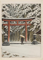 Kawase Hasui, Snow at the Shrine Entrance, Hakone Gongen (Shatō no yuki, Hakone Gongen)