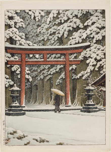 Kawase Hasui, Snow at the Shrine Entrance, Hakone Gongen (Shatō no yuki, Hakone Gongen)